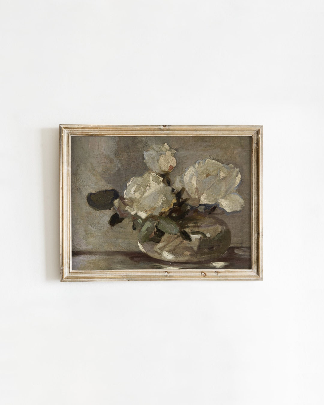 Vintage Floral Still Life of White Roses in Flower Vase, Sage Green ...