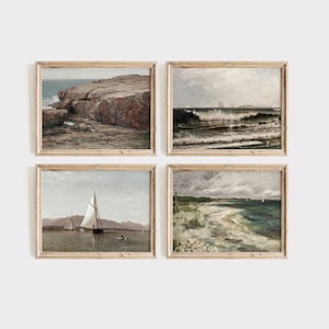 Vintage Coastal Gallery Wall SET of Four Nautical Seascape Paintings, Sailboat Artwork, Muted Green Beach House Decor | DIGITAL PRINTABLE