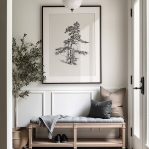Vintage cedar tree charcoal drawing in black and white. Perfect for mountain lodge or forest cabin decor. Download, print, and frame!