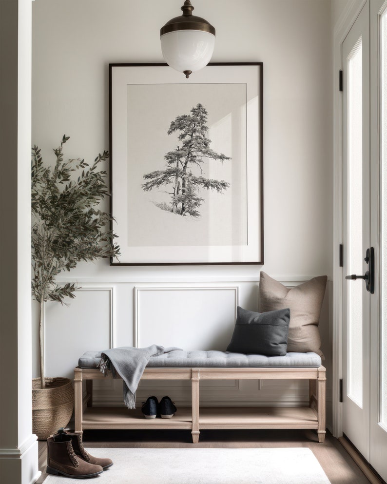 Vintage cedar tree charcoal drawing in black and white. Perfect for mountain lodge or forest cabin decor. Download, print, and frame!