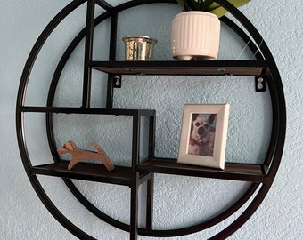 Round Hanging Wall Shelf 2 Level Wooden Black Metal Modern