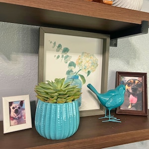 May include: A bright turquoise ceramic planter with vertical ridges containing a green succulent plant, positioned next to a framed watercolor print of a blue jar with flowers and a turquoise metal bird figurine on a dark wooden shelf.