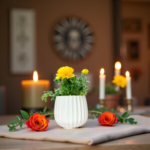 May include: A white, vertically ribbed ceramic pot containing a small yellow ranunculus plant. Two vibrant orange roses with green leaves are placed on either side of the pot. The arrangement is set against a soft-focus background with lit candles.