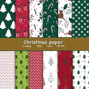 Christmas digital paper pack,Christmas printable paper bundle, Set of 12, New year paper, Christmas seamless patterns, Printable paper set.