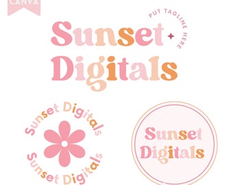 Editable DIY Logo in Canva Sunset Digitals Groovy Aesthetic Retro Logo Design Customizable Branding Logo Boutique Shop Small Business Logo