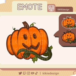 Op de afbeelding: Illustratie van een oranje pompoen met een lachend gezicht en groene wijnranken. Het woord "EMOTE" staat bovenaan, met "KIKIEdesign" in de hoek. Er worden ook twee kleinere pompoenafbeeldingen getoond.