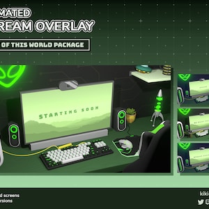 Può includere: Pacchetto di sovrapposizione di streaming animato con uno schema di colori verde e nero. La sovrapposizione presenta uno schermo del computer con il testo "STARTING SOON" e un razzo con un bagliore verde. Il pacchetto include 4 schermi animati e versioni statiche.