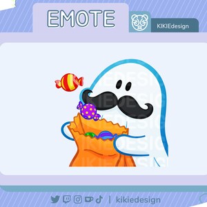 Può includere: Un fantasma dei cartoni animati con un baffo nero tiene un sacchetto di caramelle colorate. Il fantasma è blu e bianco e ha due occhi neri. Le caramelle sono in un sacchetto di carta marrone con la parte superiore gialla. C'è una caramella rossa e gialla che vola nell'aria.
