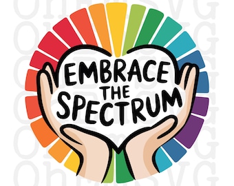 Può includere: Grafica con un cuore e la scritta nera "EMBRACE THE SPECTRUM", tenuta da due mani e circondata da un arco arcobaleno. Il design è su sfondo bianco.