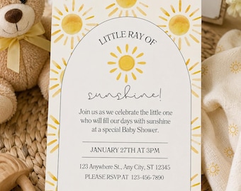 Little Ray Of Sunshine Baby Shower Invitation Template, Baby Shower Invite Digital Download