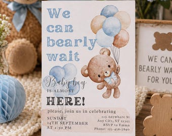 We Can Bearly Wait Baby Shower Invitation Template, Baby Boy Shower Invite Digital Download