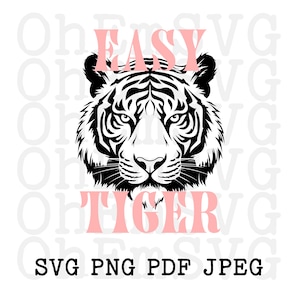 Może przedstawiać: Czarno-biała ilustracja twarzy tygrysa z tekstem "EASY TIGER" w różowych literach.