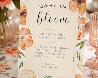Baby In Bloom Shower Invitation Template, Baby Shower Invite Digital Download