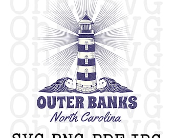 May include: A blue and white lighthouse with a beam of light shining from the top. The lighthouse is surrounded by waves and the text "Outer Banks North Carolina" is below the lighthouse.