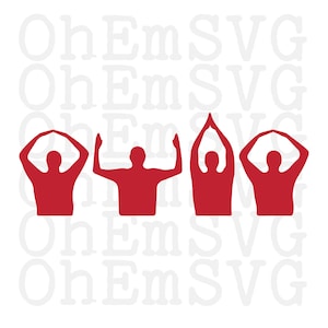 May include: Four red silhouette figures making the 'O-H' hand gesture, a common symbol of Ohio State University.