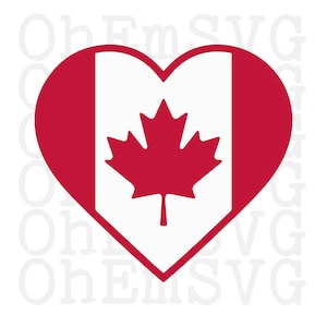 Pode incluir: Um coração vermelho com um centro branco que apresenta a bandeira canadense. A bandeira tem uma folha de bordo vermelha sobre um fundo branco com uma faixa vertical vermelha de cada lado.