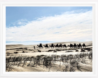 May include: A silhouette of a camel caravan traveling across a sandy desert landscape under a blue sky with white clouds.