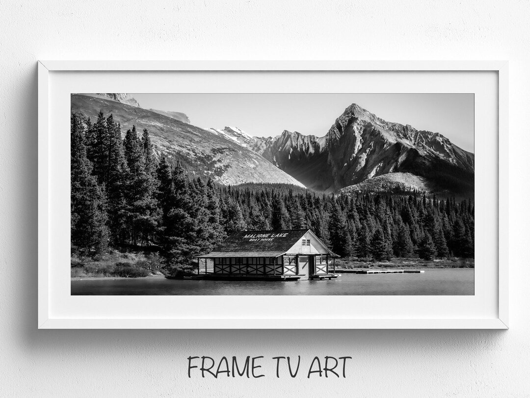 Samsung Frame TV Art Black and White Rocky Mountain Lake Boathouse ...