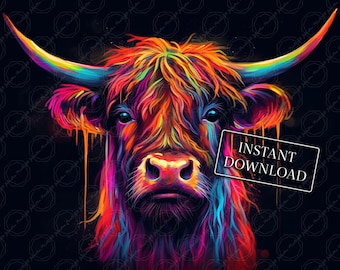 Vibrant Neon Painted Highland Cow - Digital Print Download for Bold and Colorful Wall Art