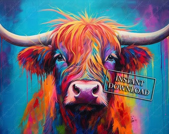 Vibrant Neon Painted Highland Cow - Digital Print Download for Bold and Colorful Wall Art