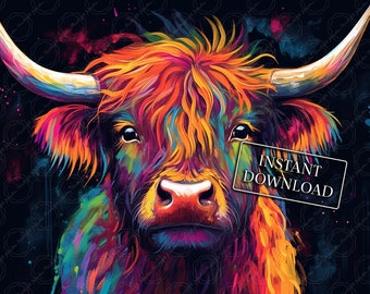 Vibrant Neon Painted Highland Cow - Digital Print Download for Bold and Colorful Wall Art
