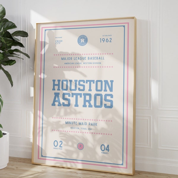 Houston Astros Print | Pink Minimalist MLB Poster | Girly Houston Astros Wall Art | MLB Wall Decor | Baseball Poster | Girly Dorm Decor