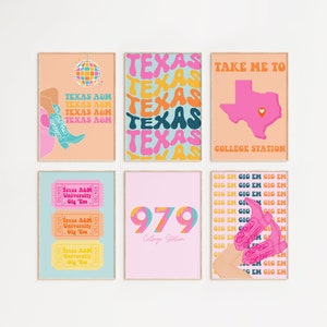 TAMU colorful Set of 6 Posters | Texas A&M digital art | College Station Wall Decor | Texas Wall Art | Poster Prints |  Preppy TAMU wall art