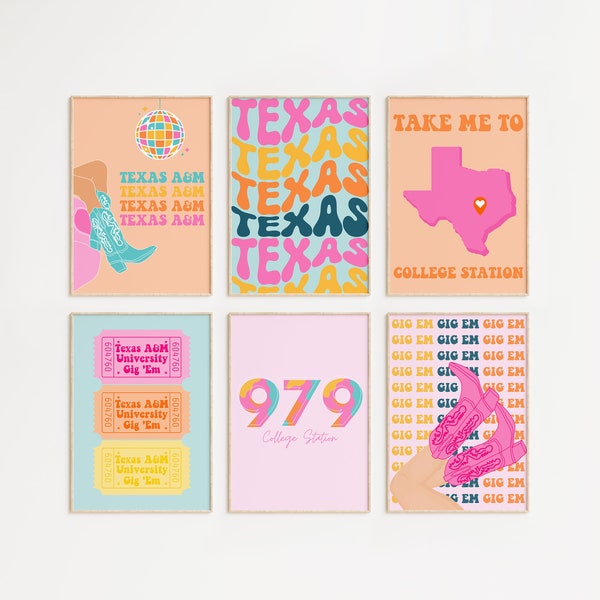 TAMU colorful Set of 6 Posters | Texas A&M digital art | College Station Wall Decor | Texas Wall Art | Poster Prints |  Preppy TAMU wall art