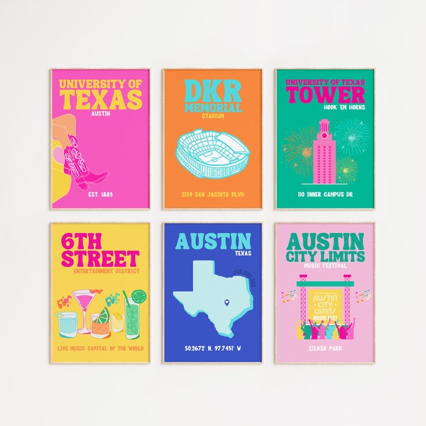 Preppy University of Texas Set of 6 | Austin, Texas | UT Wall Art Pack (Digital Download) | Pink Art | Dorm Room Decor | College Wall Decor