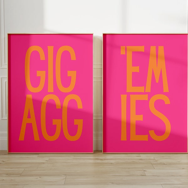 Preppy Gig Em Aggies Set of 2 | Texas A&M | Pink and Orange Wall Art Pack (Digital Download) | Preppy Dorm Art | Room Decor | TAMU Decor