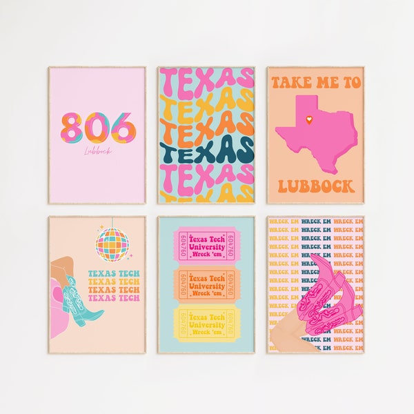 Texas Tech Colorful Set of 6 Posters | TTU digital art | Lubbock Wall Decor | Texas Wall Art | Poster Prints |  Preppy TTU wall art