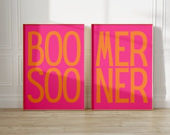 Preppy Boomer plus tôt Lot de 2 | Oklahoma normand | Pack d'art mural rose et orange (téléchargement numérique) | Art de dortoir preppy | Décor de chambre | Décor OU
