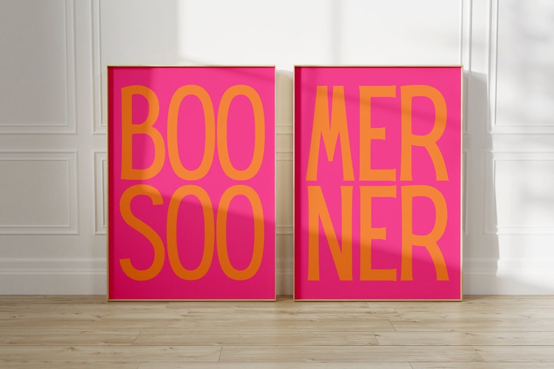 Preppy Boomer Sooner Set of 2 Norman Oklahoma Pink & Orange Wall Art Pack Digital Download Preppy Dorm Art Room Decor OU Decor image 1