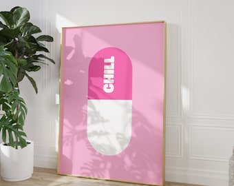 Chill Pill Room Decor | Preppy Wall Decor | Preppy Room Decor | Pink White Digital Print | Trendy Wall Art | Dorm Room Print