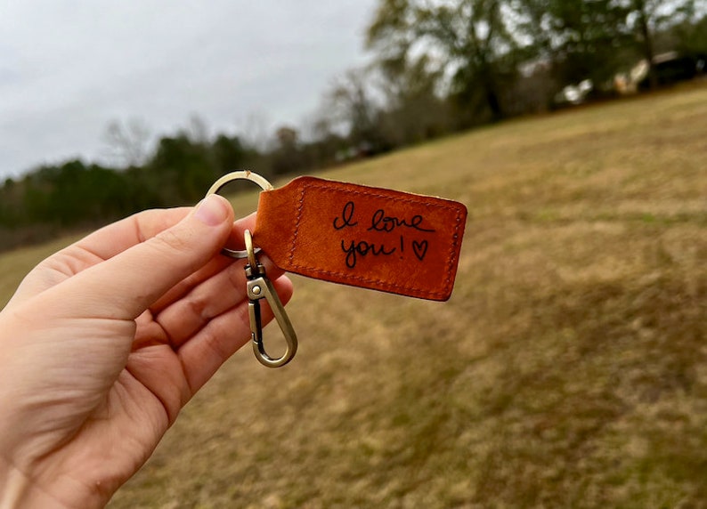 Leather Keychain With Clip and Actual Handwriting Add Etsy