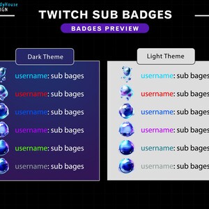 Op de afbeelding: Een mockup van Twitch-abonnement badges met een donker en licht thema. De badges zijn rond en hebben een blauw, paars en roze kleurenschema. De tekst "username: sub badges" wordt onder elke badge weergegeven.