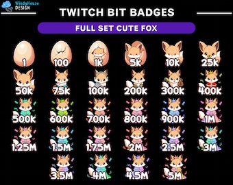 May include: A set of 19 Twitch bit badges featuring a cute fox character in various poses and outfits. The badges are designed for different bit milestones, starting from 1 bit and going up to 5 million bits. The badges feature a variety of colors, including pink, blue, green, yellow, and orange.