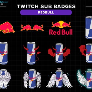 May include: A set of Twitch sub badges featuring a red bull can with different designs. The designs include a red bull logo, a red bull can with devil wings, a red bull can with angel wings, and a red bull can with a halo.