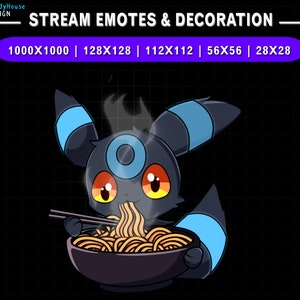 Animierte Twitch Emote Umbreon Noodle, Stream Dekoration Umbreon Eating Ramen, Eevee Twitch Emotes, süße Emotes für Youtube, Discord