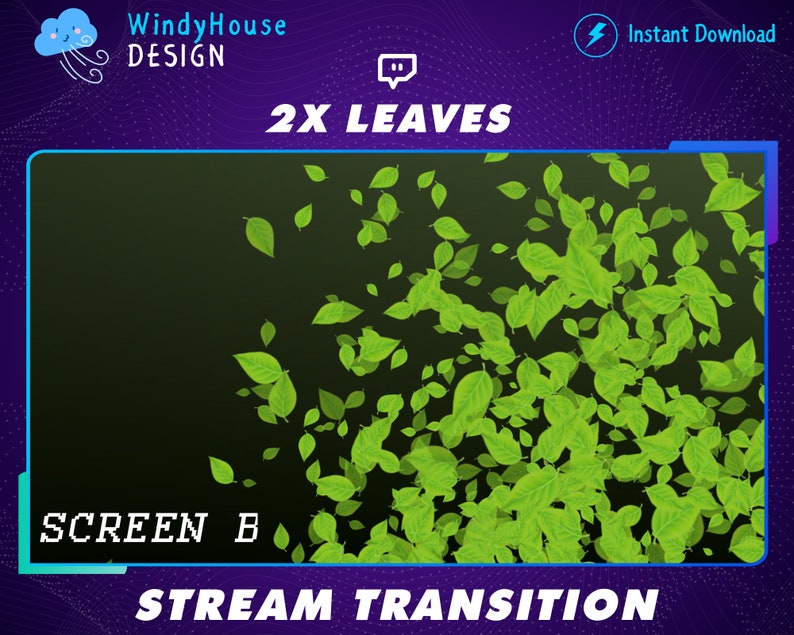 May include: A green leaf stream transition effect for video editing. The image shows a dark background with green leaves falling from the top of the screen. The text "2X LEAVES" and "STREAM TRANSITION" are visible on the image.