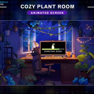 Puede incluir: Una ilustraci&oacute;n digital de una acogedora habitaci&oacute;n llena de plantas con una pantalla de ordenador que muestra una barra de carga que dice "Comenzando pronto". La habitaci&oacute;n est&aacute; llena de plantas y tiene un escritorio con una silla.
