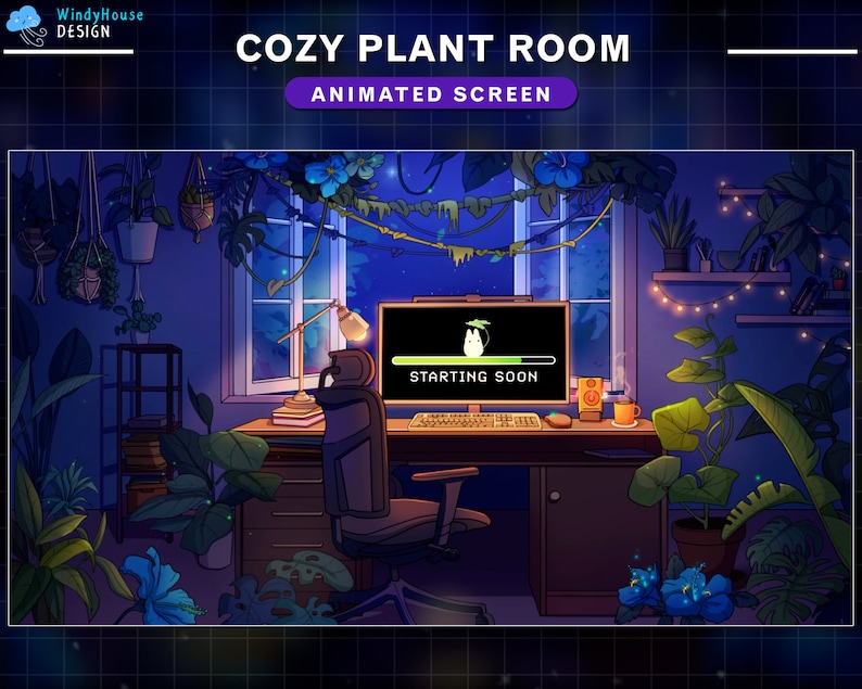 Puede incluir: Una ilustraci&oacute;n digital de una acogedora habitaci&oacute;n llena de plantas con una pantalla de ordenador que muestra una barra de carga que dice "Comenzando pronto". La habitaci&oacute;n est&aacute; llena de plantas y tiene un escritorio con una silla.