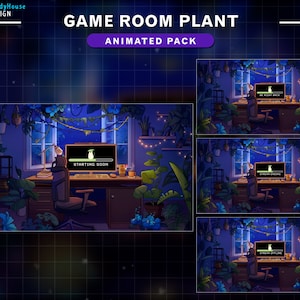 Puede incluir: Superposici&oacute;n animada de transmisi&oacute;n de Twitch que presenta una sala de juegos con un escritorio, una silla, un monitor de computadora y plantas. El monitor muestra una barra de progreso con el texto "Starting Soon".