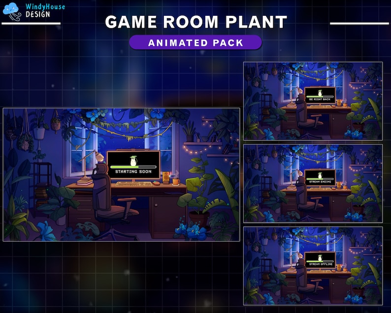 Puede incluir: Superposici&oacute;n animada de transmisi&oacute;n de Twitch que presenta una sala de juegos con un escritorio, una silla, un monitor de computadora y plantas. El monitor muestra una barra de progreso con el texto "Starting Soon".