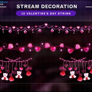 May include: Three pink neon string lights with hearts and roses. The text "STREAM DECORATION 3X VALENTINE'S DAY STRING" is at the top of the image.