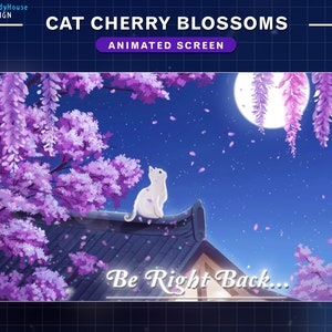 Animated Stream Screens Cherry Blossom White Cat Looking the Moon, Animated Twitch Screens Lo-fi Cat on the Roof, Twinkle Star, Night Sky