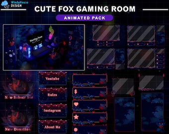 May include: A digital art pack for a gaming room, featuring a cute fox theme. The design includes animated overlays, panels with text like "Youtube" and "About Me", and a scene with a computer and the text "Starting Soon". The color scheme is dark blue and pink.