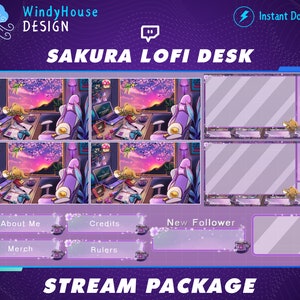 Pacote ANIMADO Cozy Room Twitch Stream, Lofi Aesthetic Sakura Falling Twitch Overlay Pack