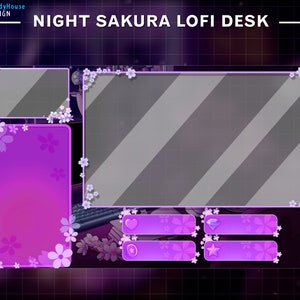 May include: Purple and white digital desktop background with a pink and white floral design. The background has a grid pattern and includes a large rectangular area for a webcam or video feed, a smaller rectangular area for a chat window, and three rectangular buttons with icons.