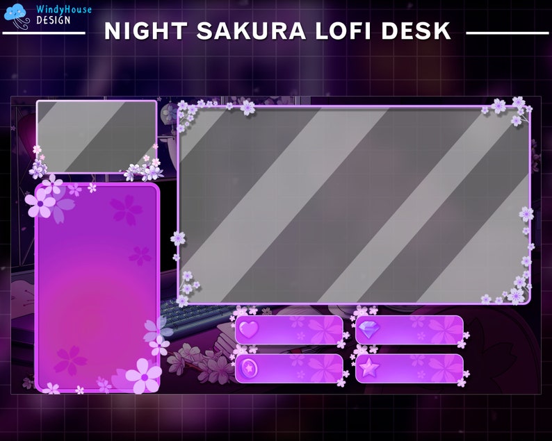 May include: Purple and white digital desktop background with a pink and white floral design. The background has a grid pattern and includes a large rectangular area for a webcam or video feed, a smaller rectangular area for a chat window, and three rectangular buttons with icons.